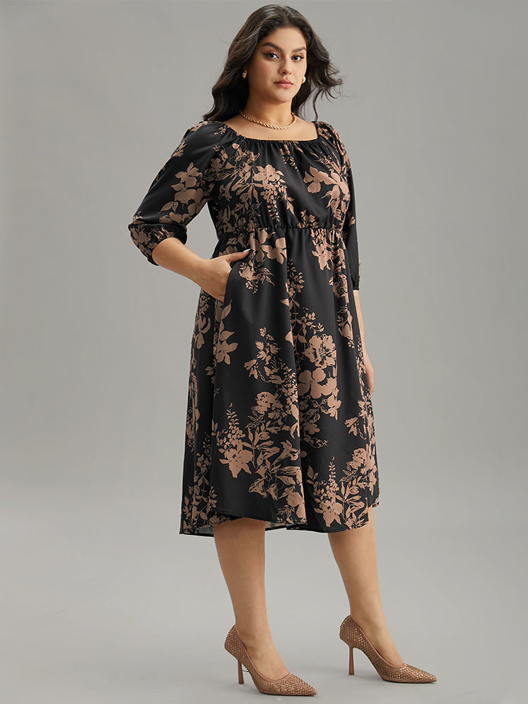 Silhouette Floral Print Elastic Cuffs Dress