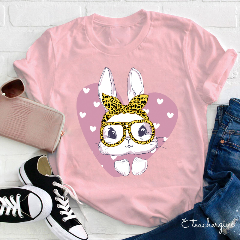 Bunny Face Leopard Glasses Poping Out Of A Heart Teacher T-Shirt