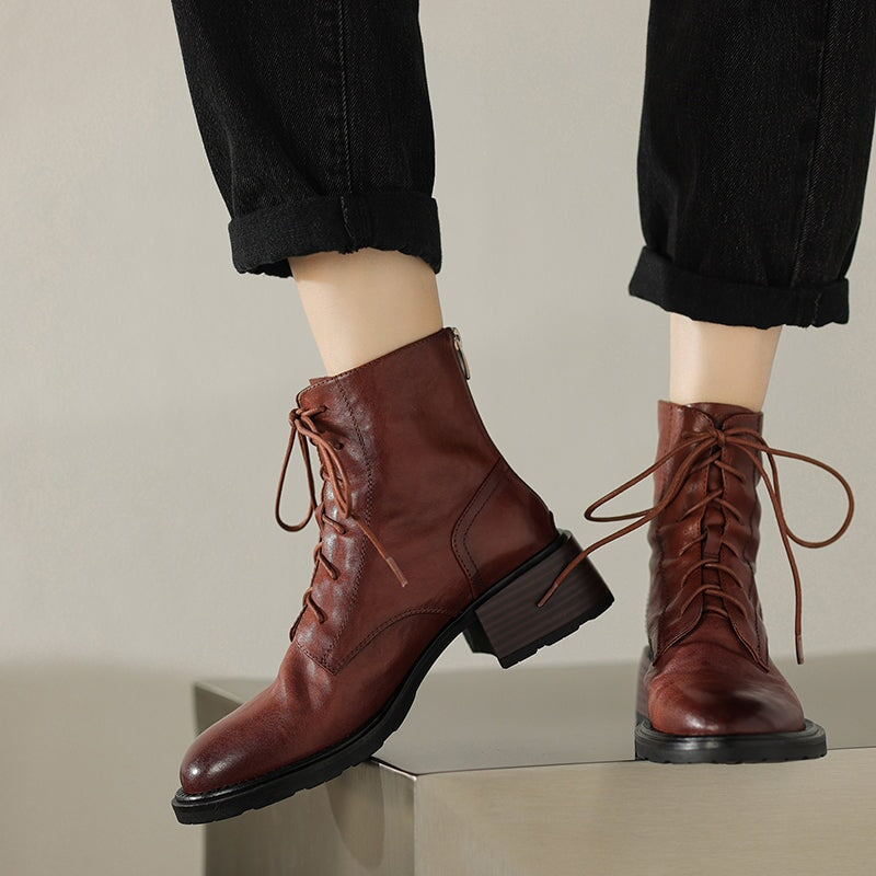 Women's Handmade Cowhide Lace-Up Zipper Martin Boots with Mid Heel Black/Brown