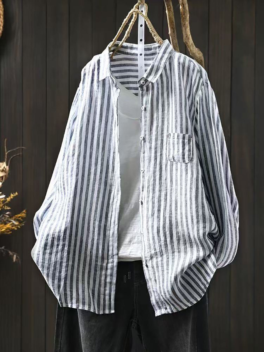 Women Summer Stripe Turn-down Collar 100%Linen Shirt