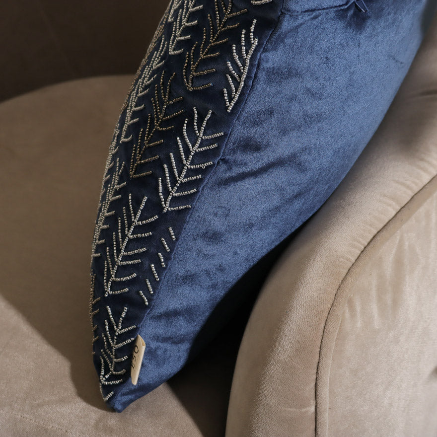 Rosemary Velvet Beaded Cushion Cover - Navy Blue