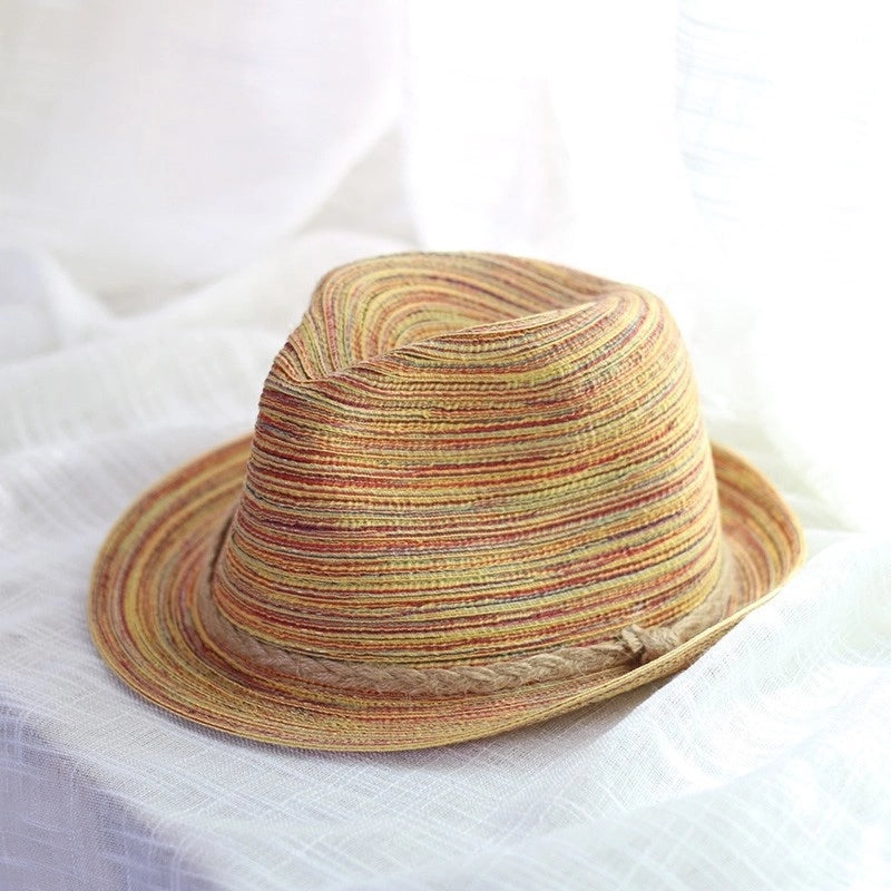 Women's  Color Striped Jazz Hat Spring And Summer Travel Curled Edge Small Rim Hat Sunshade Hat Sunscreen Small Topper Hat
