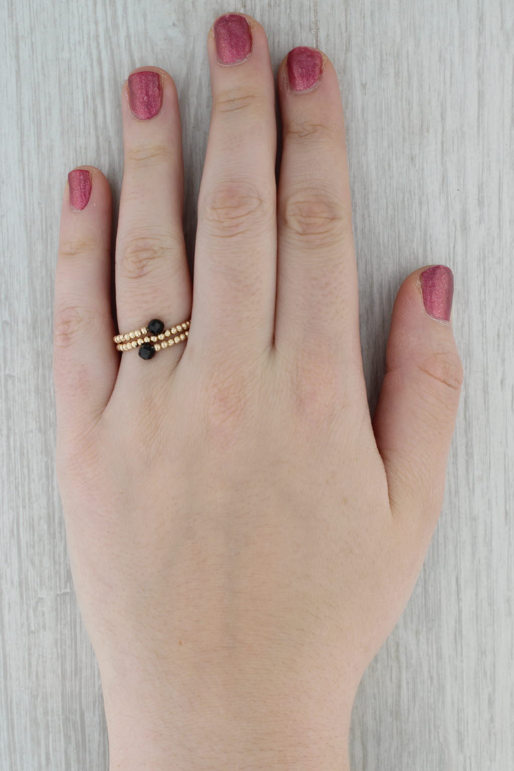 New Black Glass Bead Bypass Ring 14k Yellow Gold Adjustable Size 8