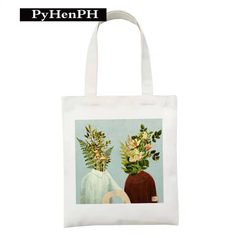 Women's Polyester Cartoon Leaves Streetwear Square Open Canvas Bag