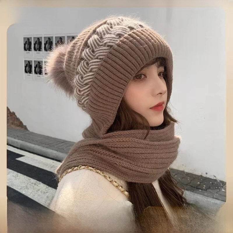 Hat Women's Autumn And Winter Korean-style Cute Knitted Hat Cold-proof Ear Protection Neck Protection Thickened Wool Hat Scarf -one Hat