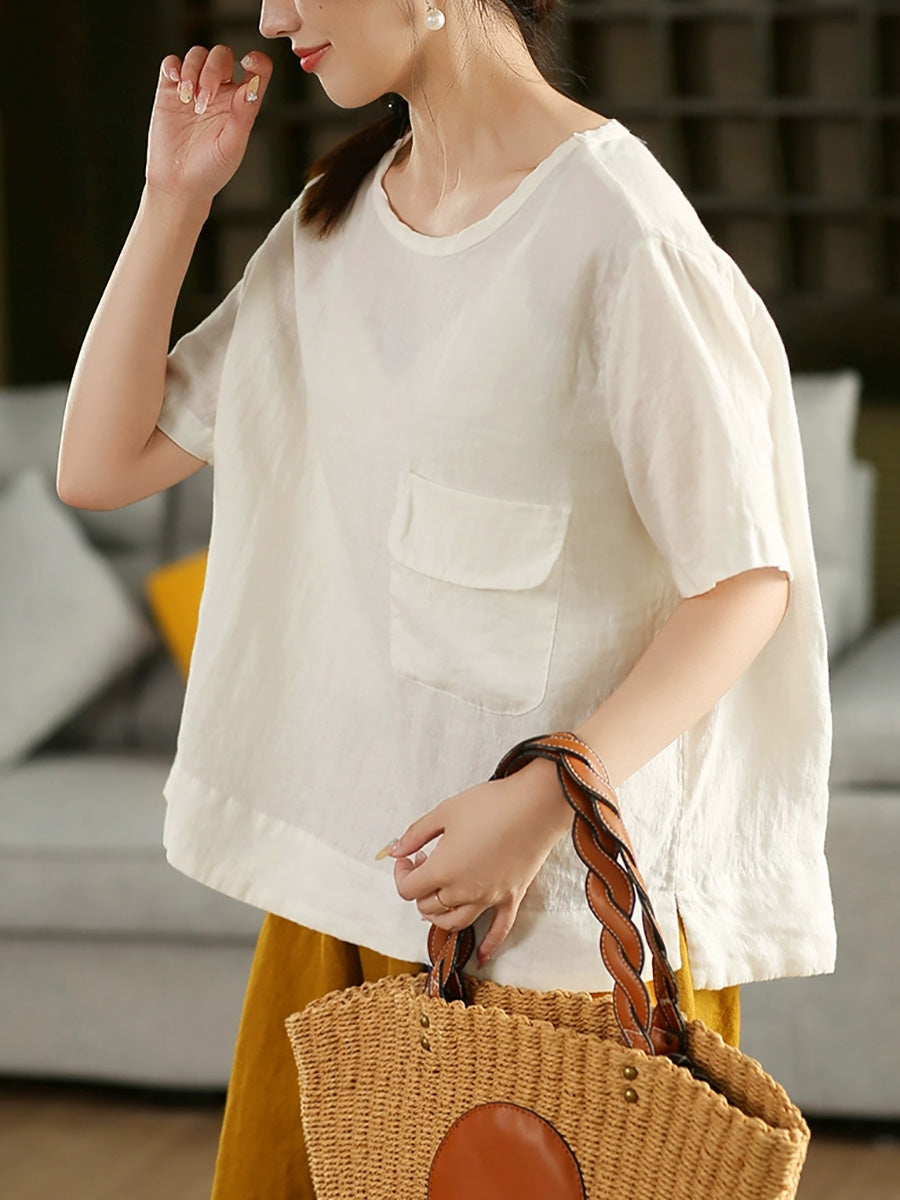 Women Summer Artsy Pure Color 100%Linen O-Neck Shirt