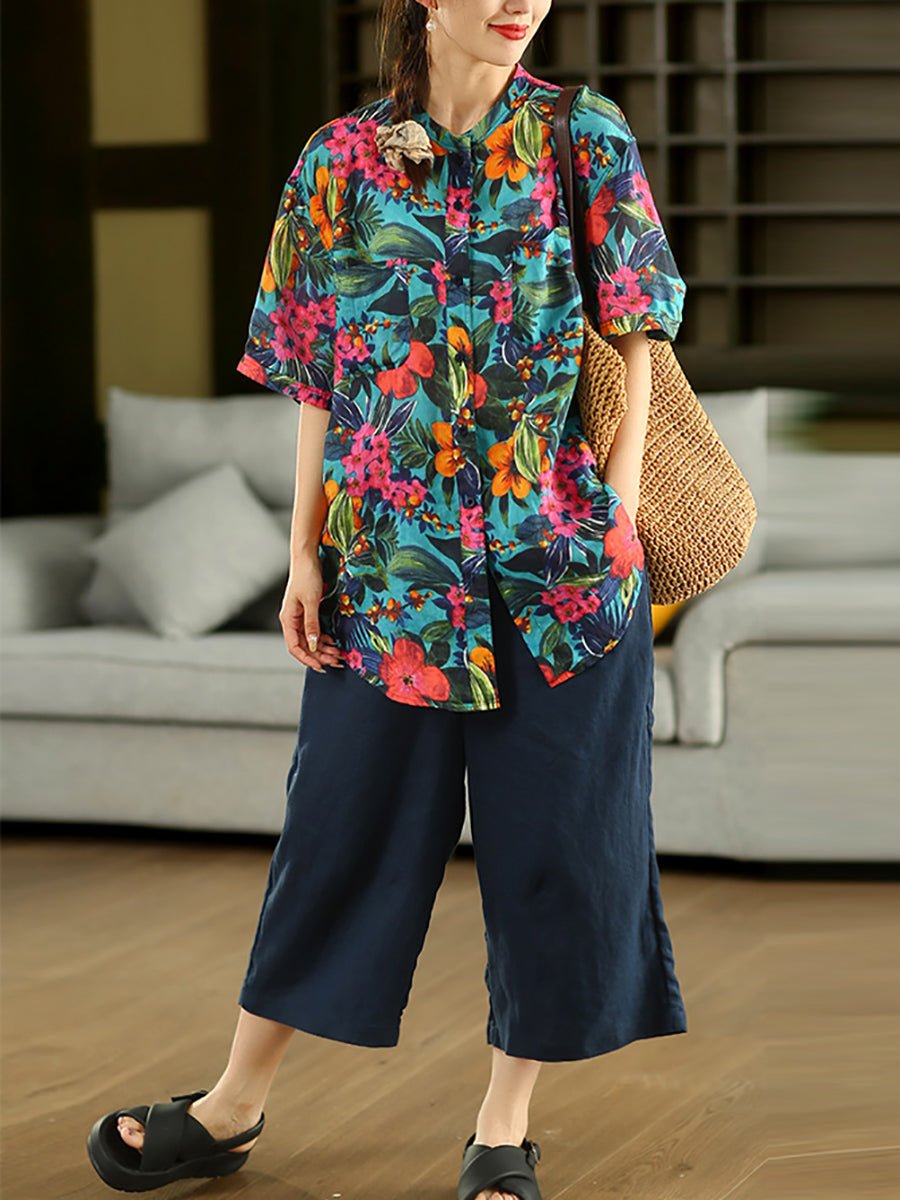 Women Summer Artsy Flower Turn-down Collar 100%Raime Shirt