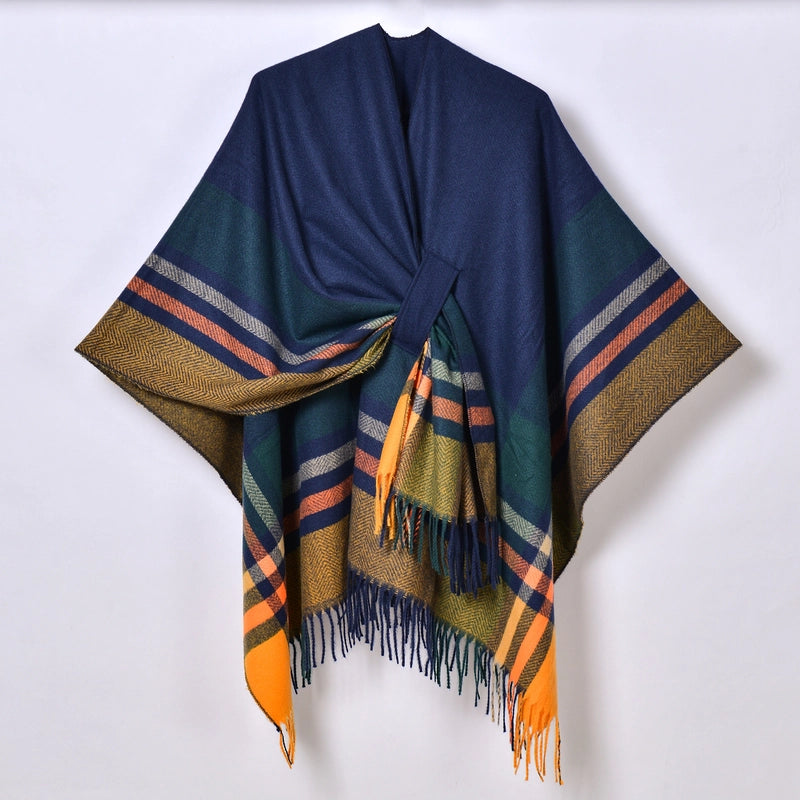 2024 New Color Striped Strap Inverness Women's Jacquard Warm Tassel Cardigan Outer Wear
