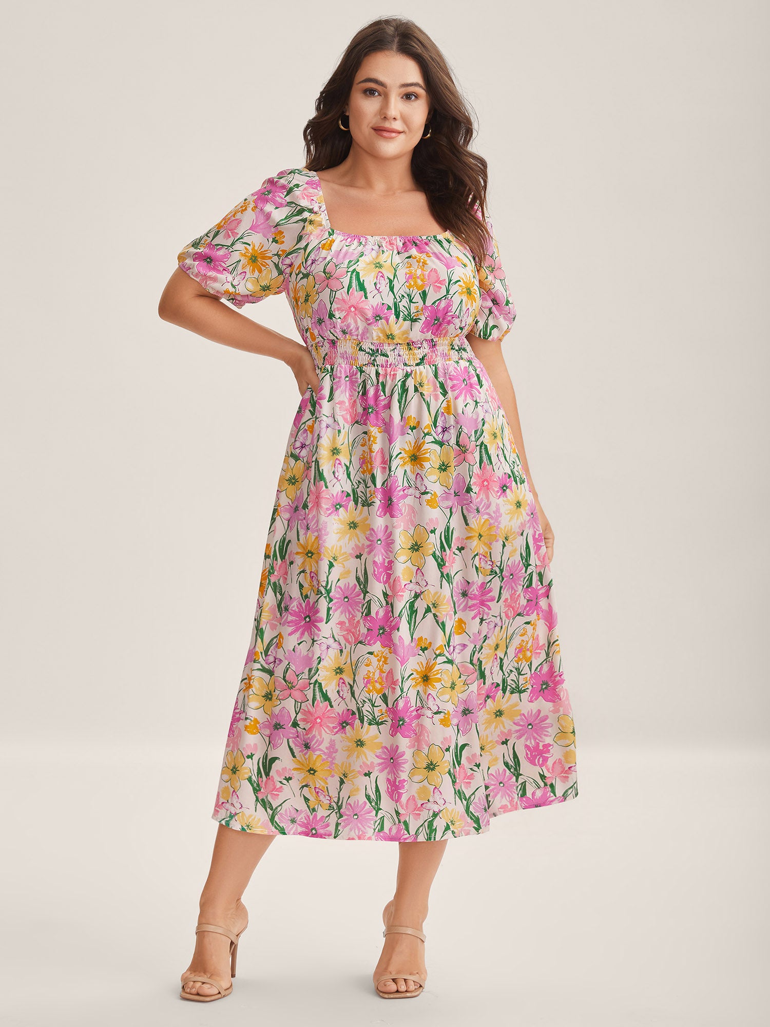 Sweet Floral Print Square Neck Midi Dress