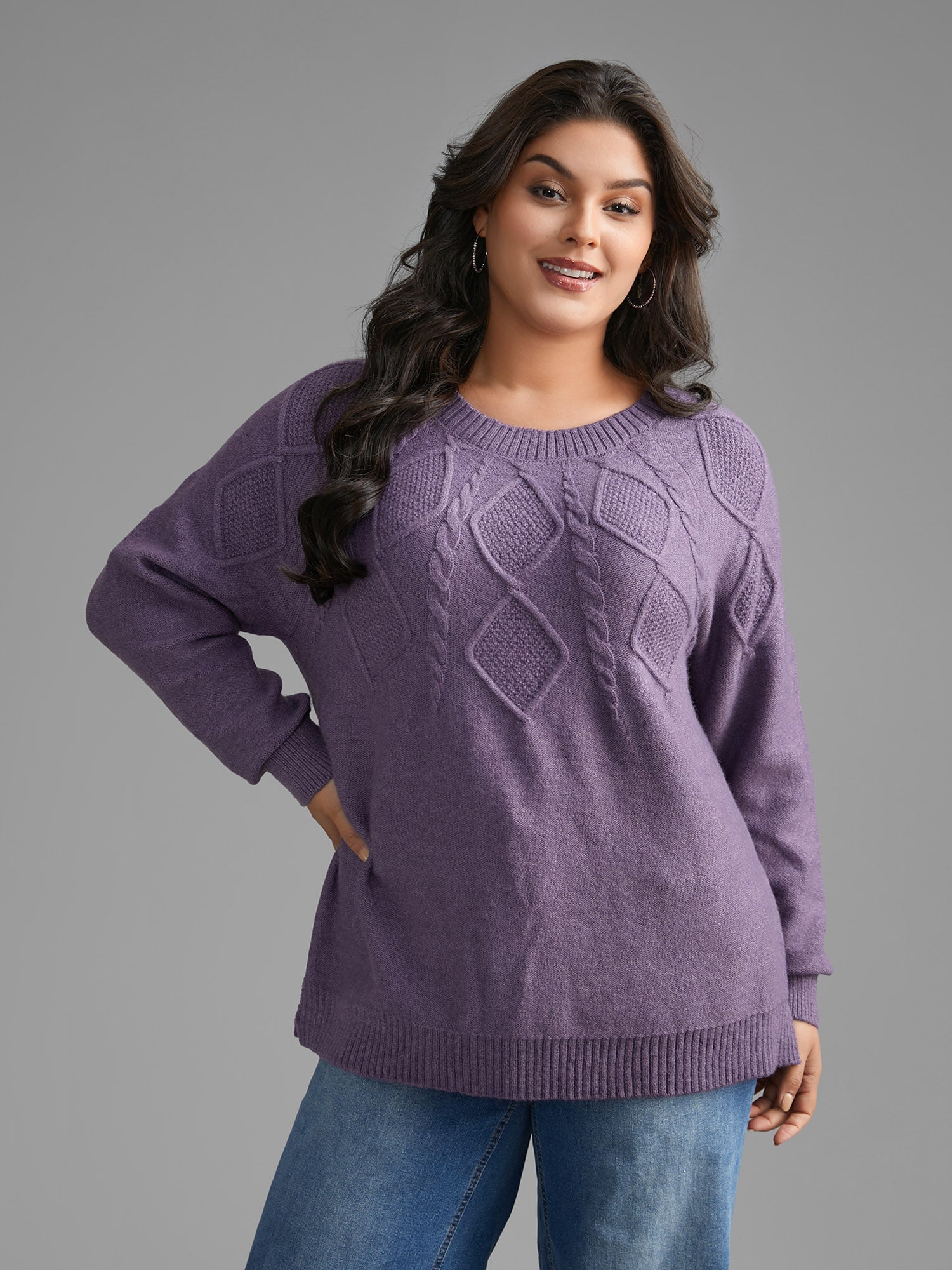 Cable Knit Bodice Crew-Neck Pullover