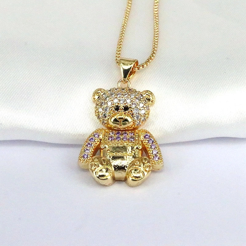 Hip-hop Retro Little Bear Copper Plating Inlay Zircon Gold Plated Pendant Necklace