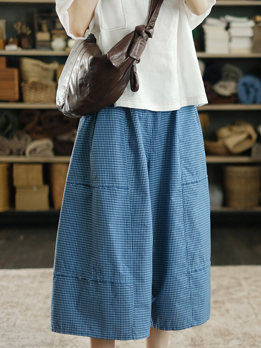 Women Summer Vintage Plaid Ramie Cotton Skirt