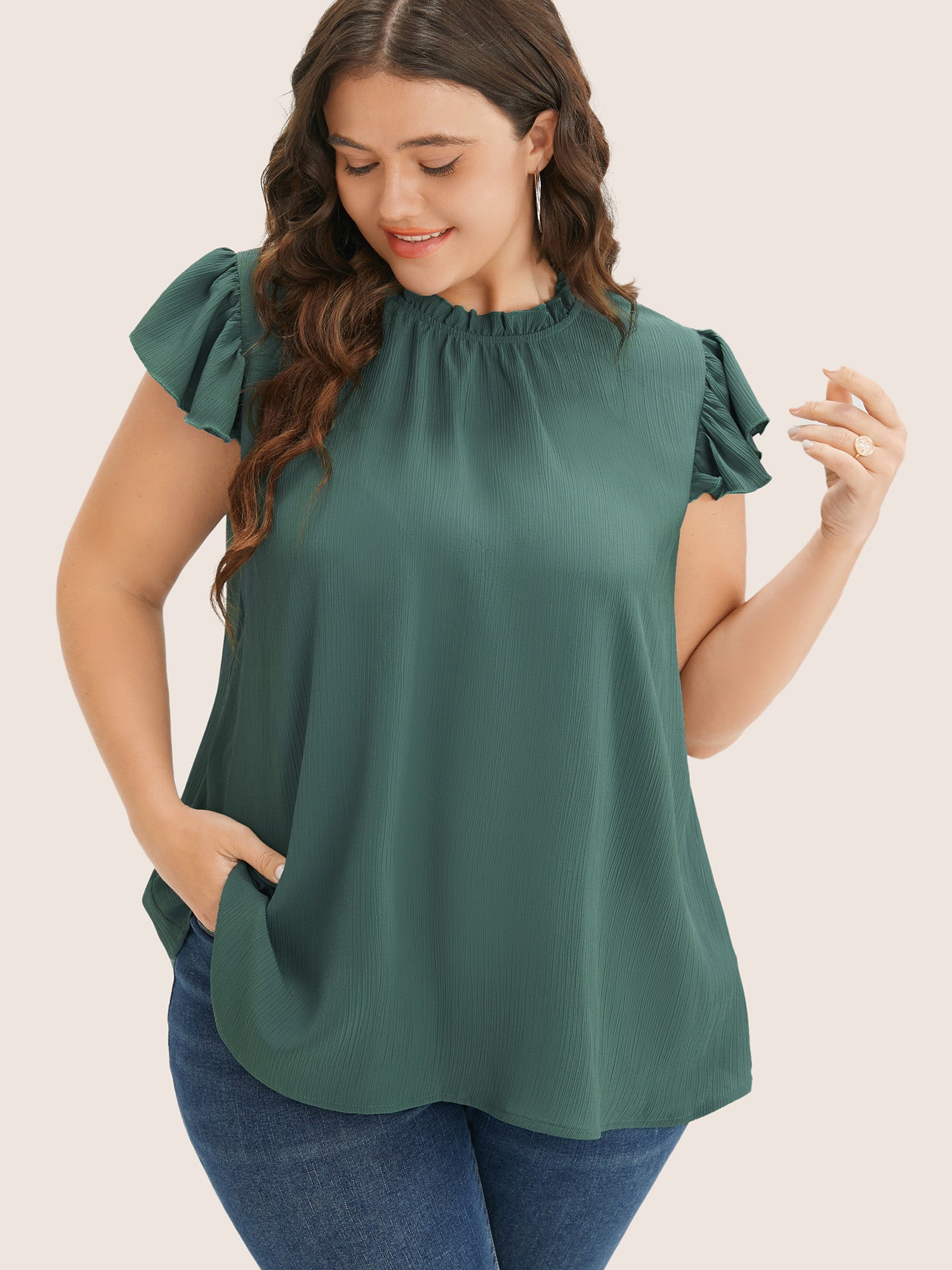 Plain Mock Neck Cap Sleeve Ruffle Trim Blouse