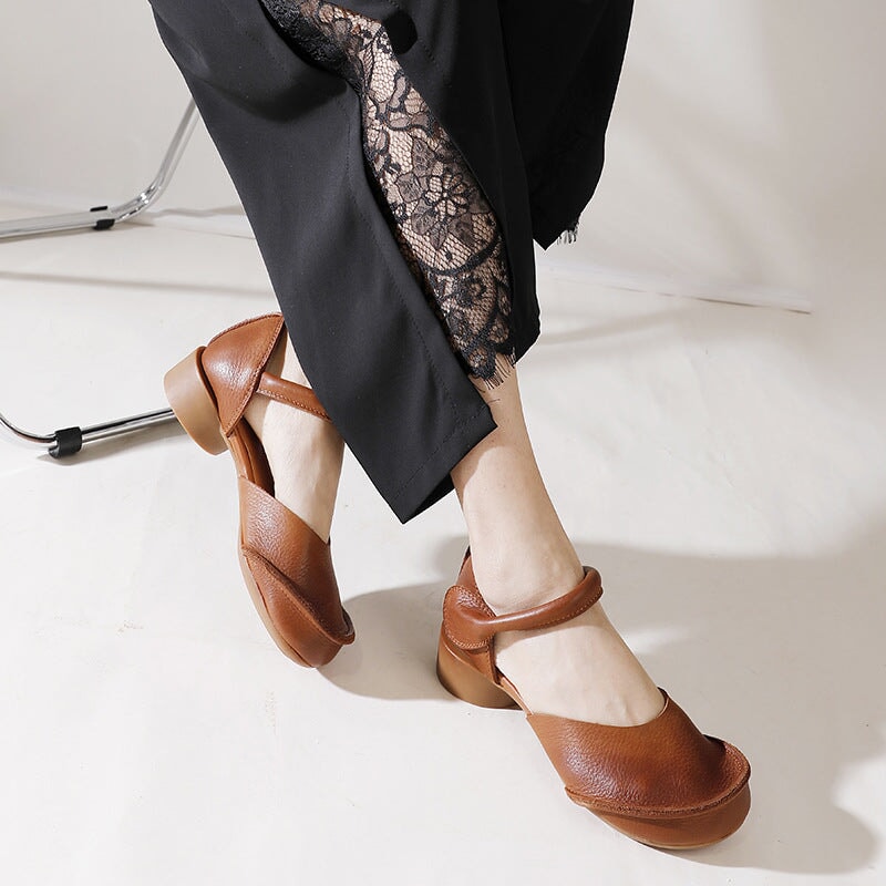 Retro Soft Leather Ankle Strappy Sandals Handmade Closed Toe in Brown/Black