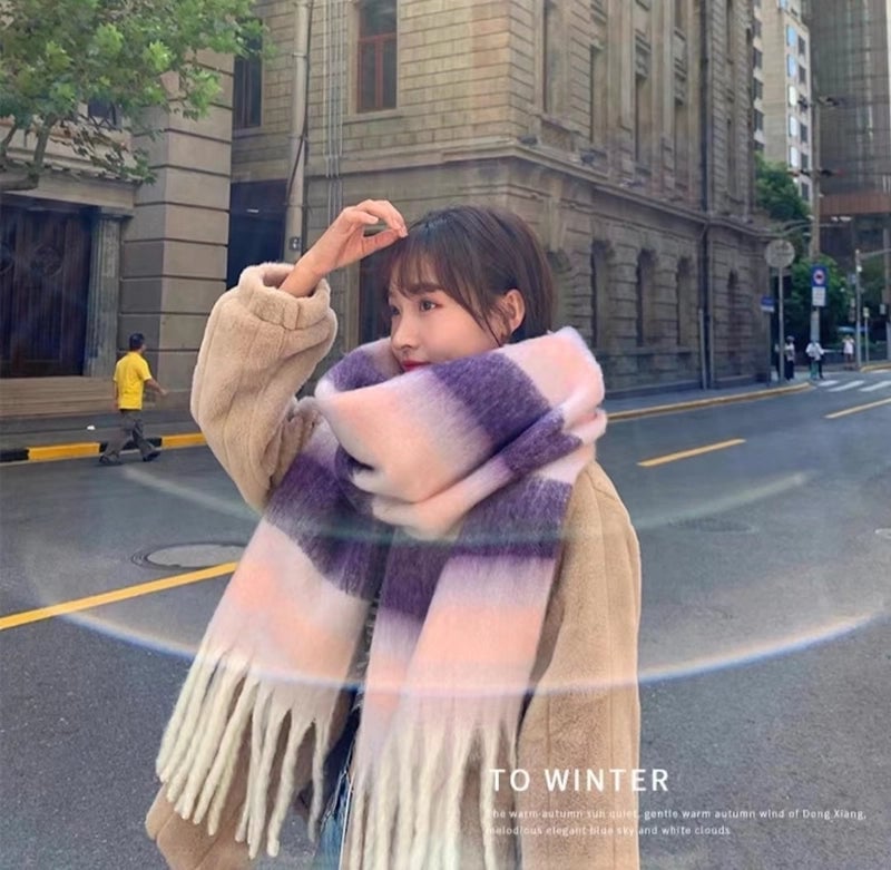 Plaid Tassel Mohair Scarf Women's Spring Students Travel Fashionable Sticker Casual Scarf