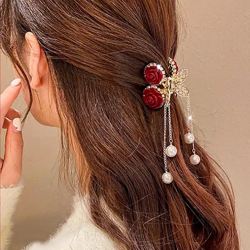 🌹Elegant Velvet Rose Hair Clip with Pearls✨