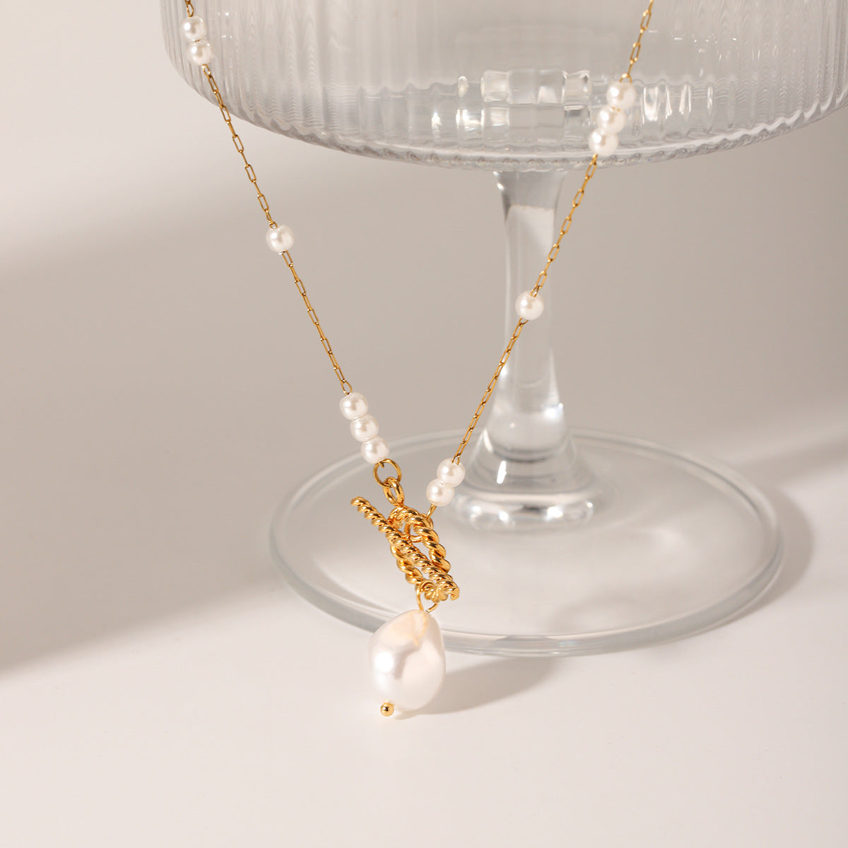 Pearl 0T Buckle Necklace Baroque Freshwater Pearl Pendant Necklace Women'S Retro Sweater Chain