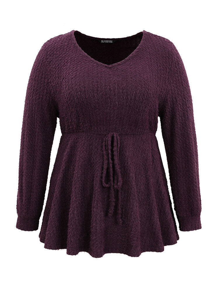 Solid Texture Fluffy Knot Ruffle Hem T-shirt