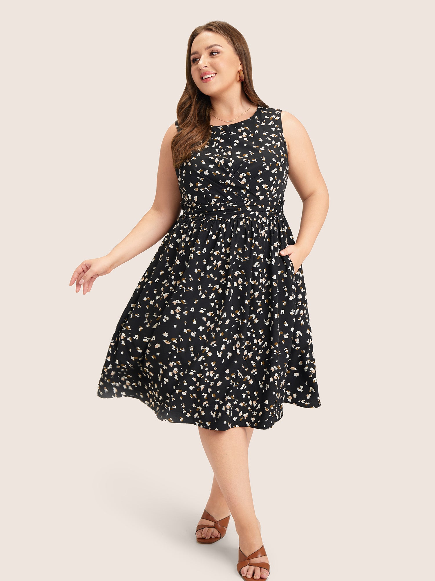Allover Print Pocket Flutter Crossover Ruched Tank Dress