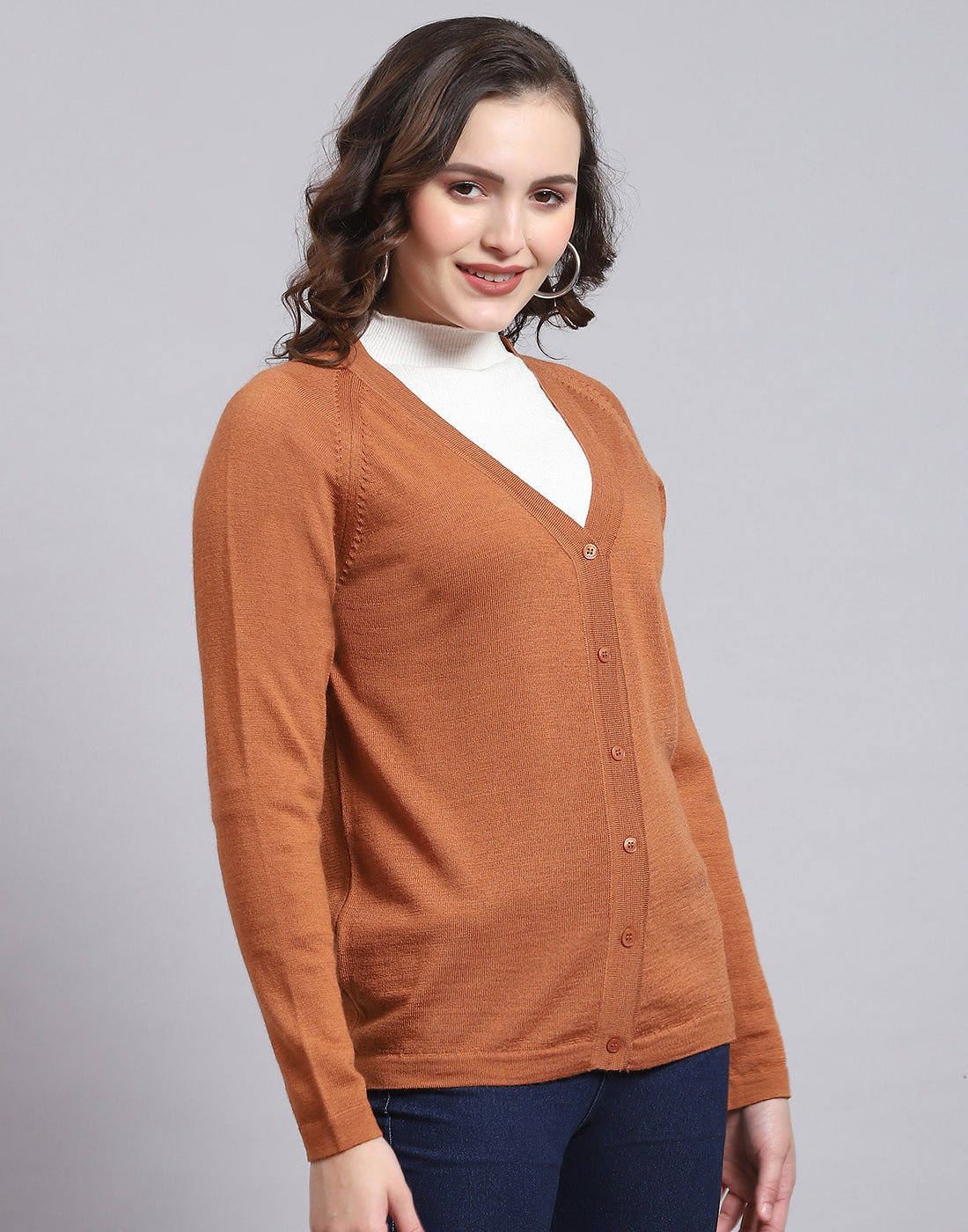 Women Brown Solid V Neck Full Sleeve Sweater