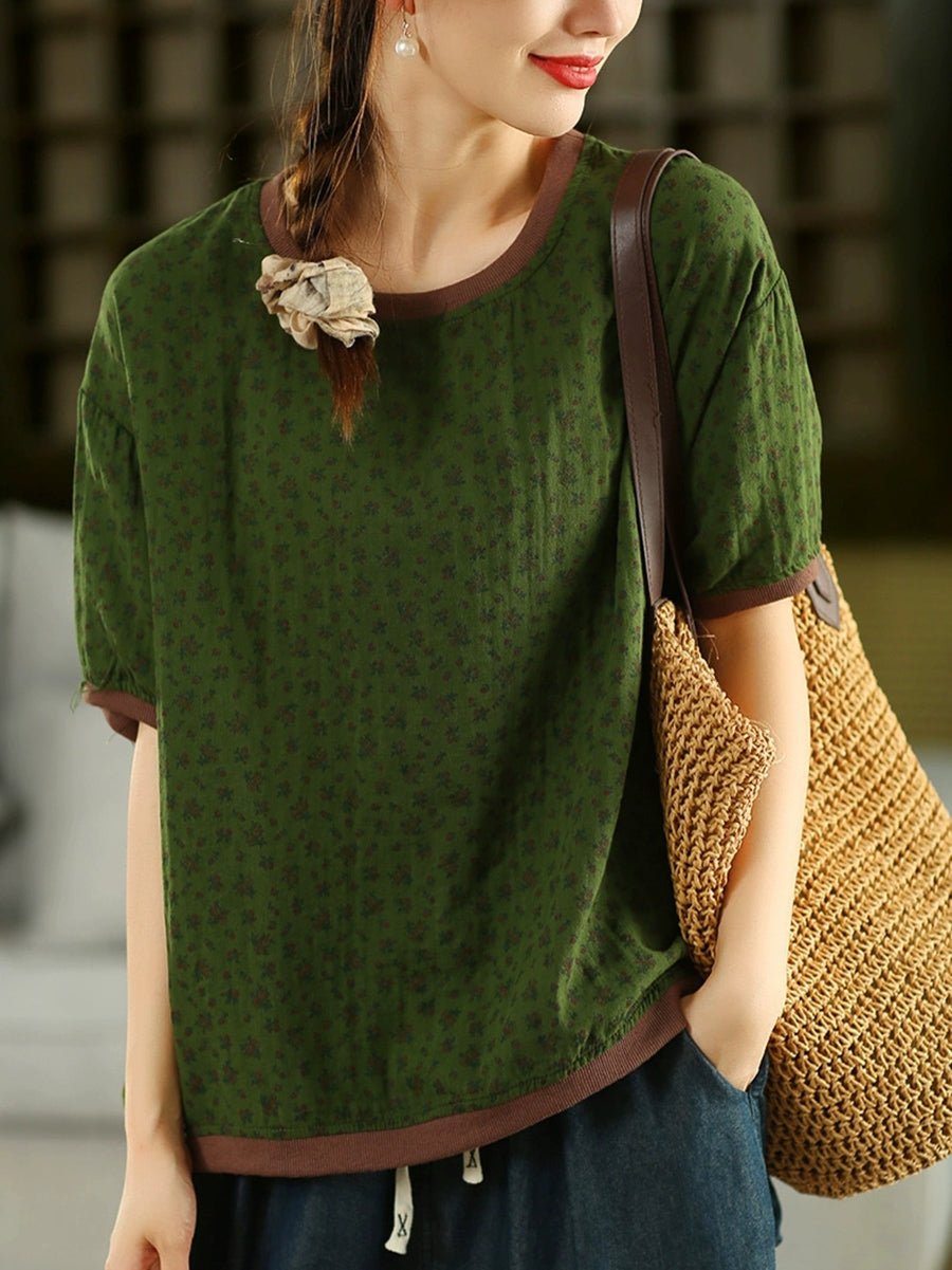 Women Summer Artsy Floral Linen Cotton O-Neck Shirt