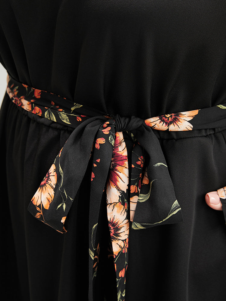 Floral Patchwork Lantern Sleeve Pocket Belted Shirred Mock Neck Dress