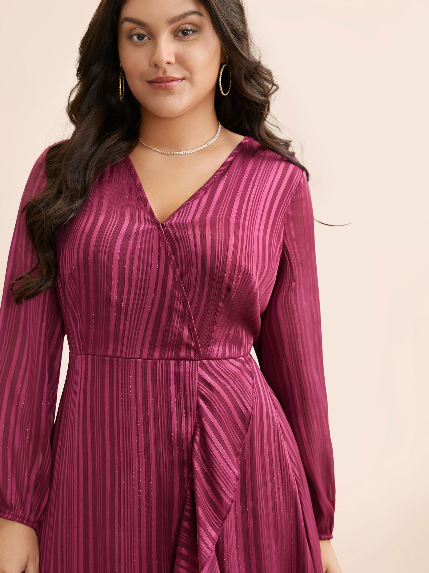 Chiffon Overlap Collar Ruffle Trim Dress