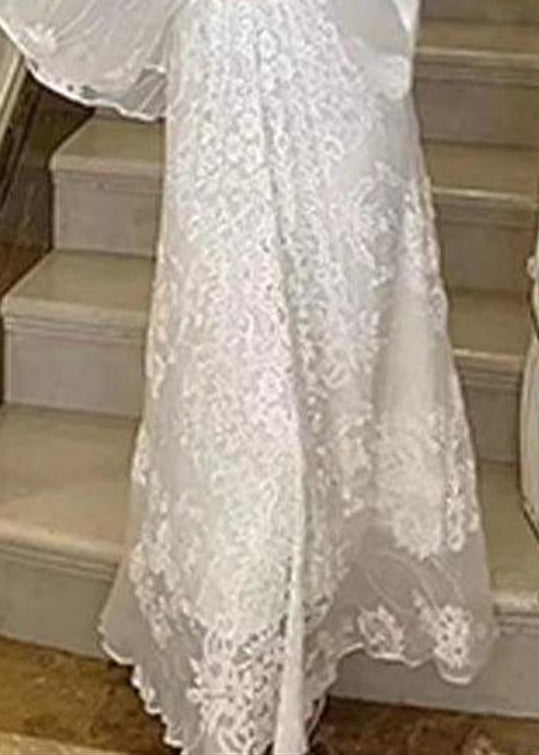 Elegant White V Neck Embroidered Cotton Maxi Dresses Batwing Sleeve