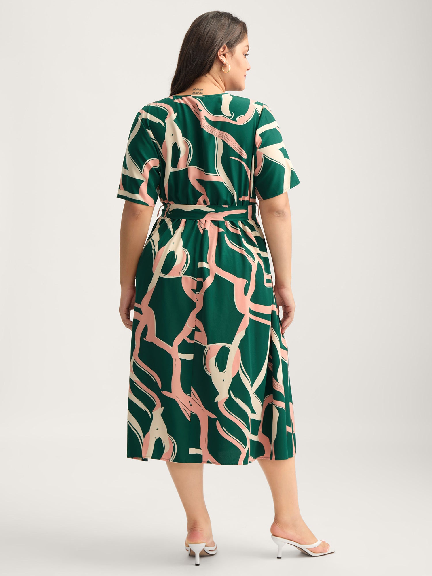 Abstract Belted Side Slit Surplice Midi Dress
