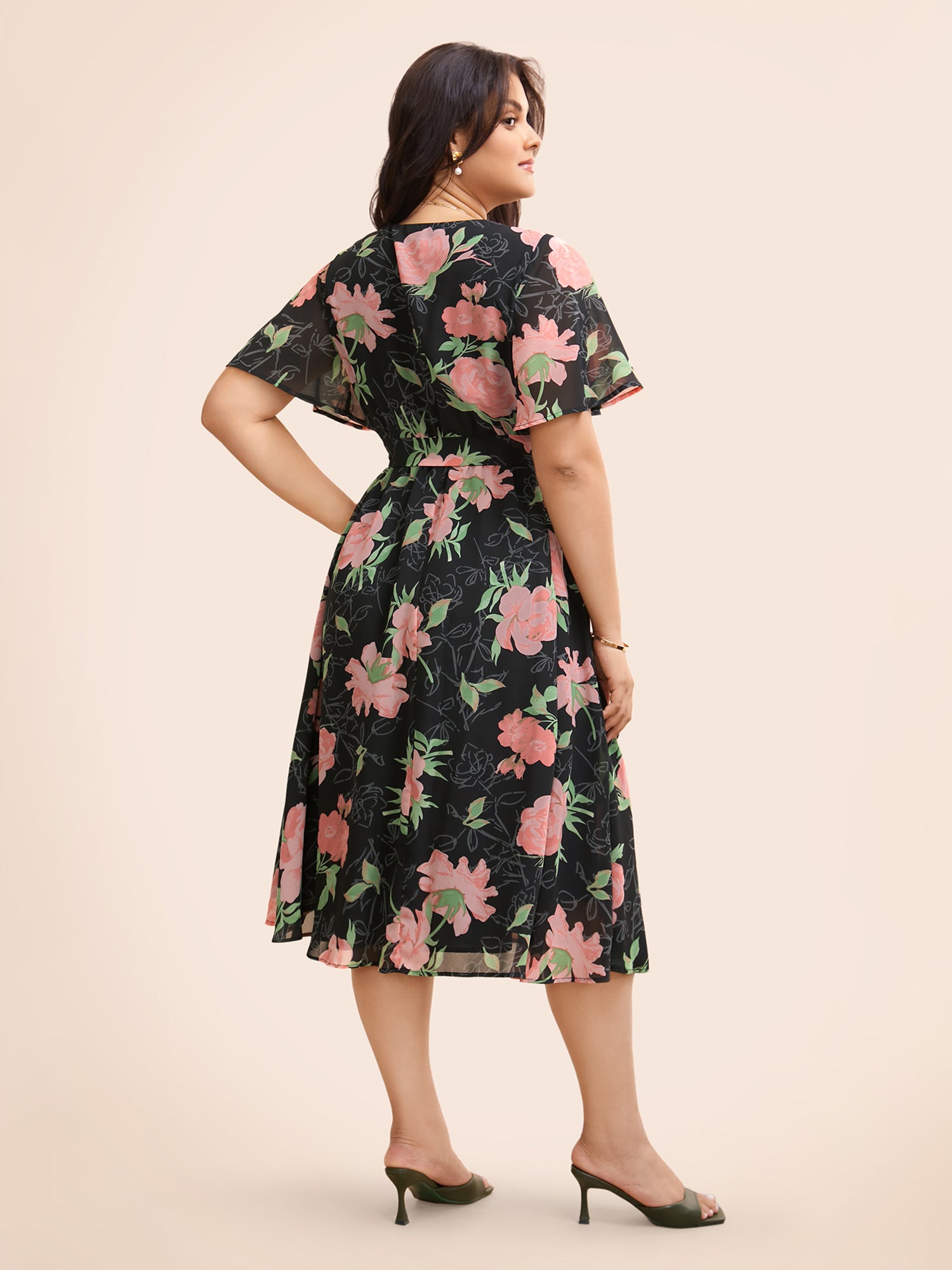 Overlap Collar Floral Split Hem Dress