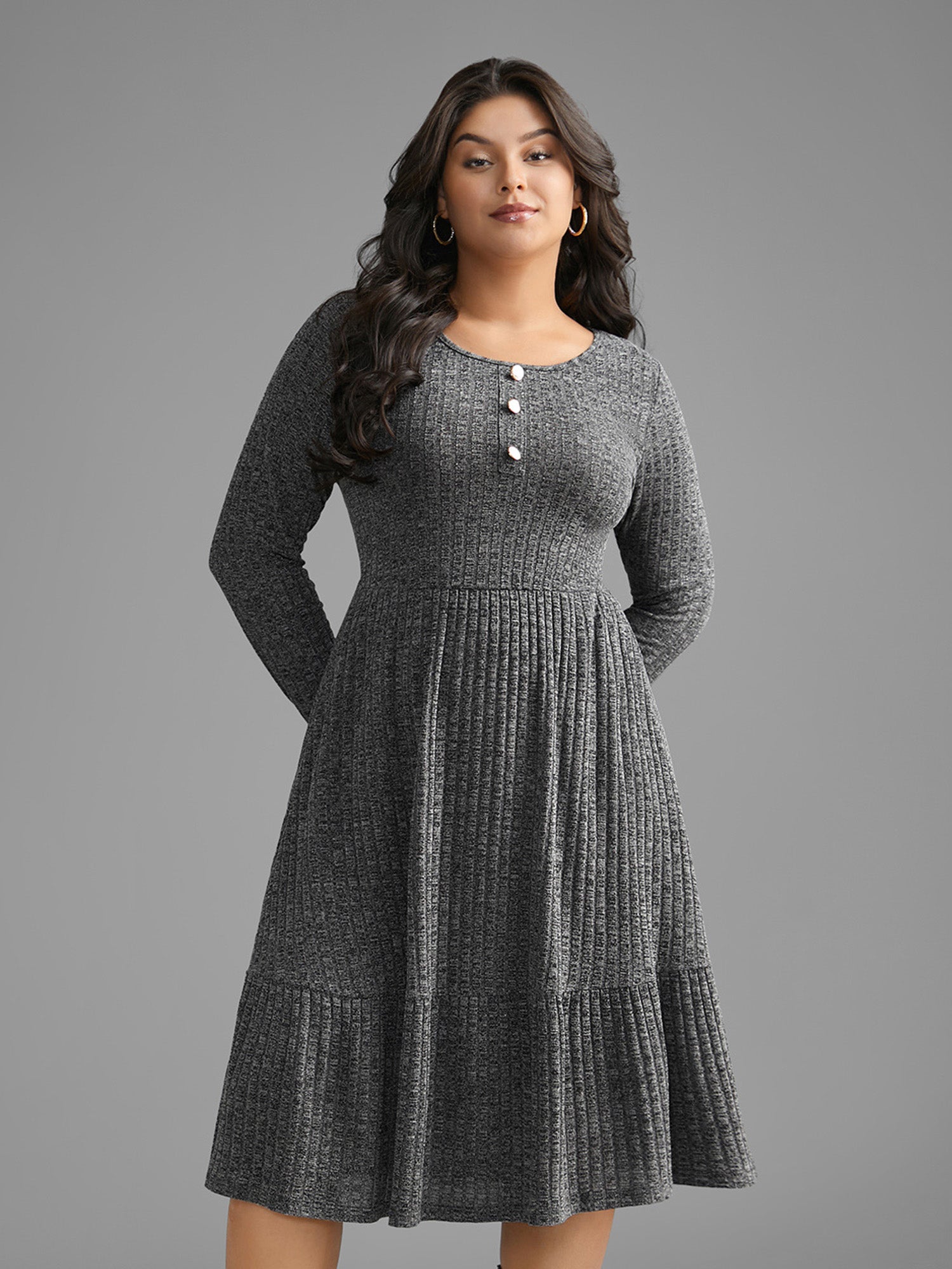 Crew Neck Rib Knit Button Detail Dress