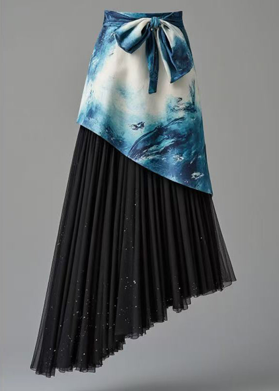 Boutique Blue Asymmetrical Print Wrinkled Patchwork Skirt Summer