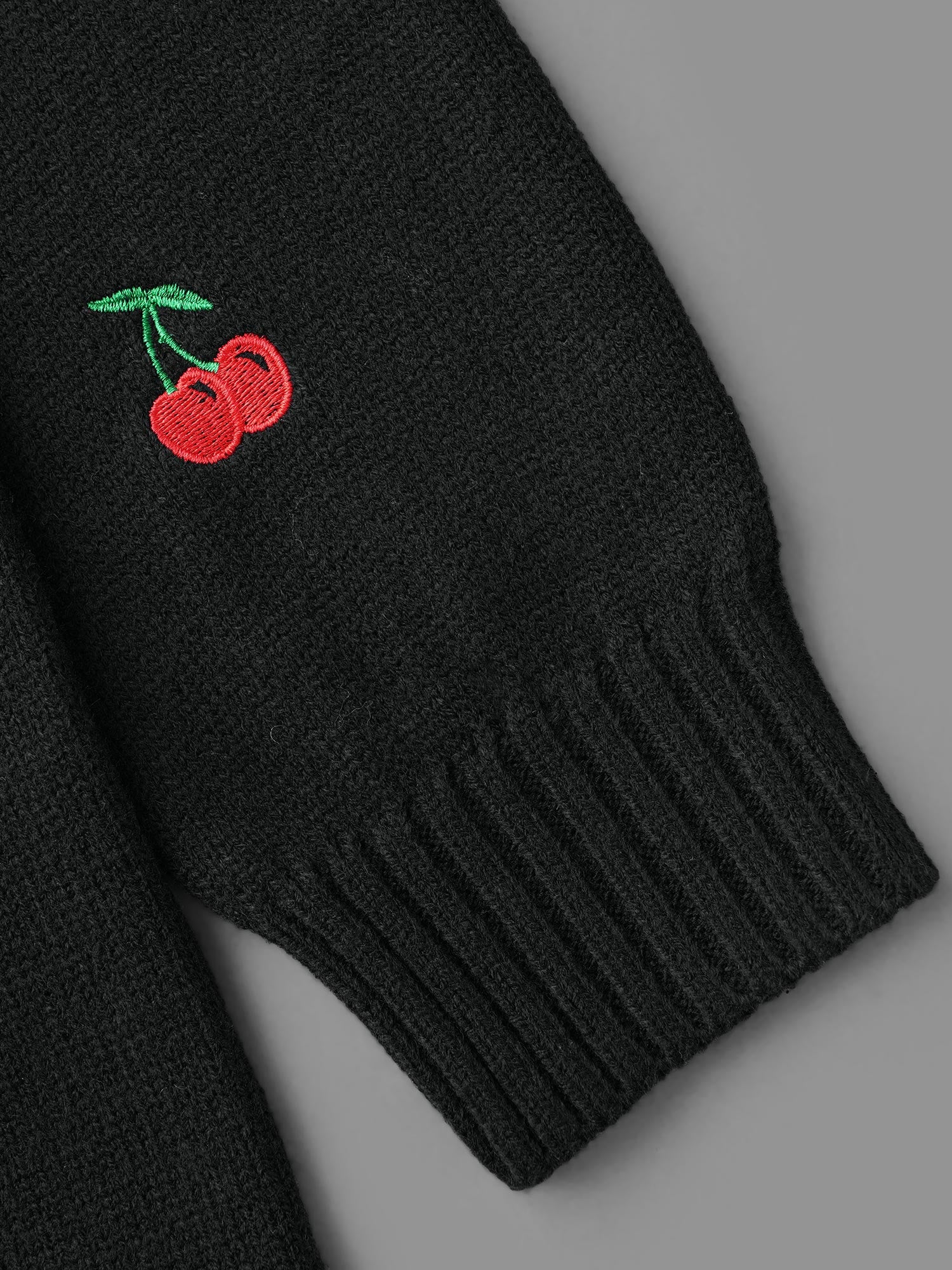Textured Cherry Embroidery Pocket Pullover