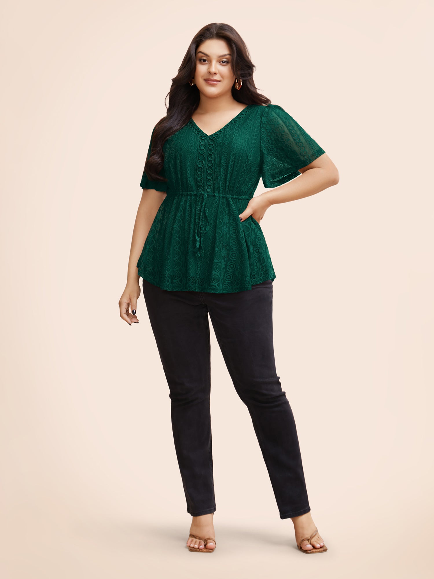 V Neck Lace Panel Drawstring Blouse