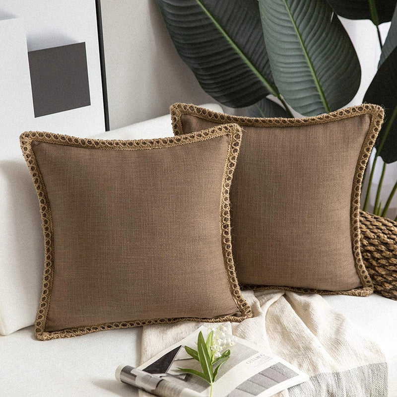 Solid Color Simple Comfortable Linen Edge Sofa Pillowcase Linen Cloth Ruffled Nordic Light Luxury Pillow Cushion Cover