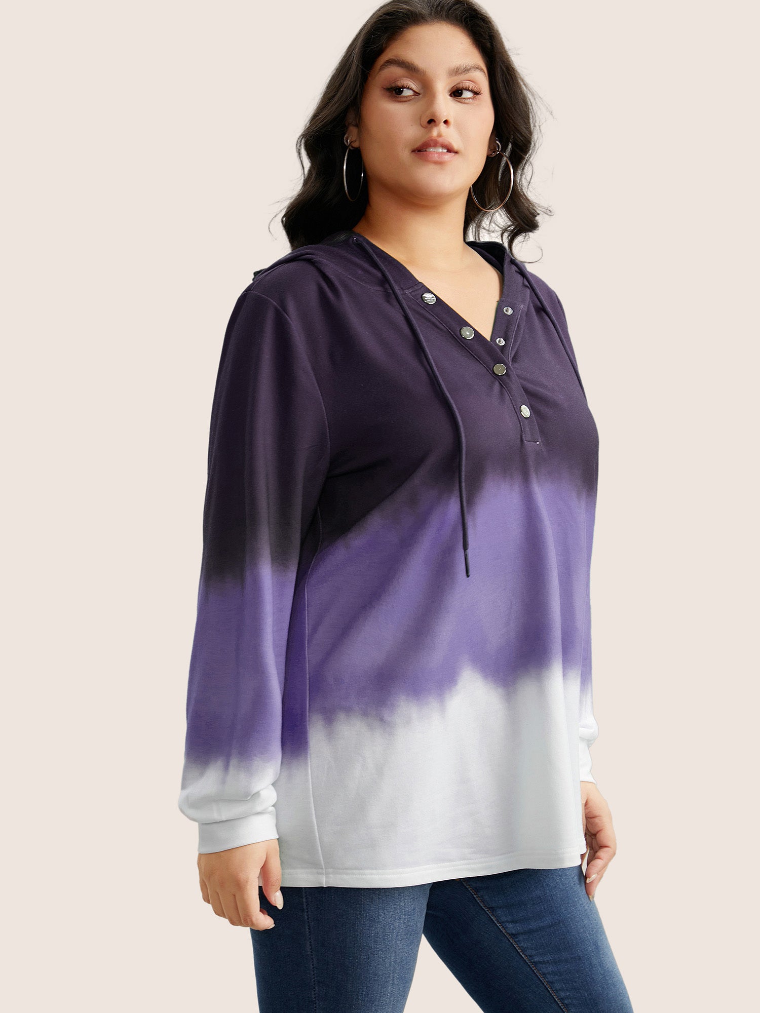 Tie Dye Button Up Hooded Drawstring Sweatshirt