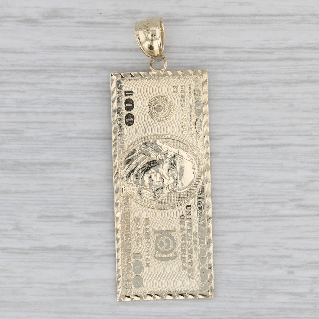 100 Dollar Bill Pendant 10k Yellow Gold Detailed Copy Benjamin Franklin