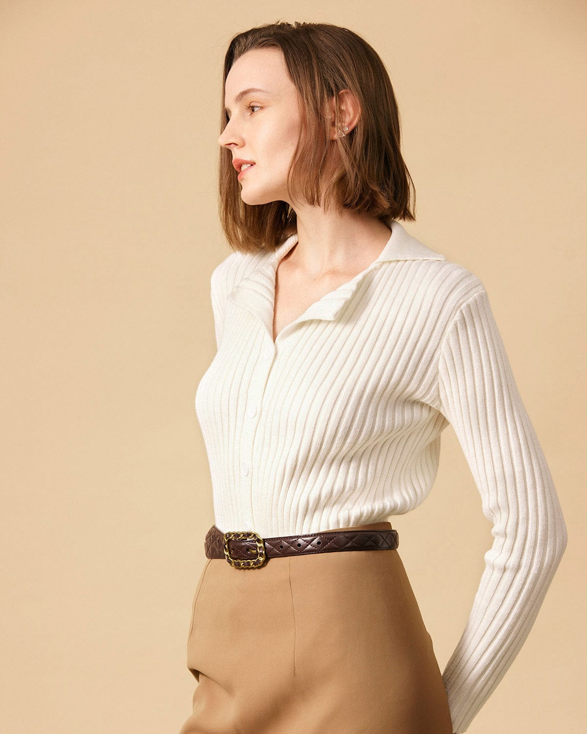 The Solid Collared Ribbed Knit Tops