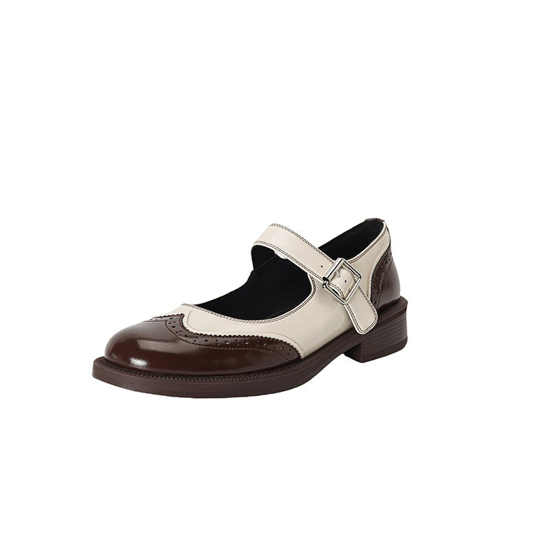 Women's Retro Soft Leather Brogue Round Toe Low Heel  Mary Jane Shoes In Brown/Black