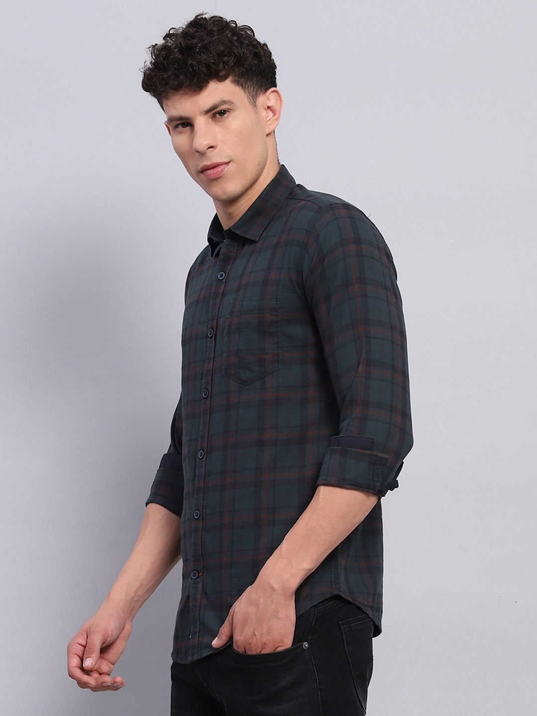 Men Green Check Collar Full Sleeve Shirt