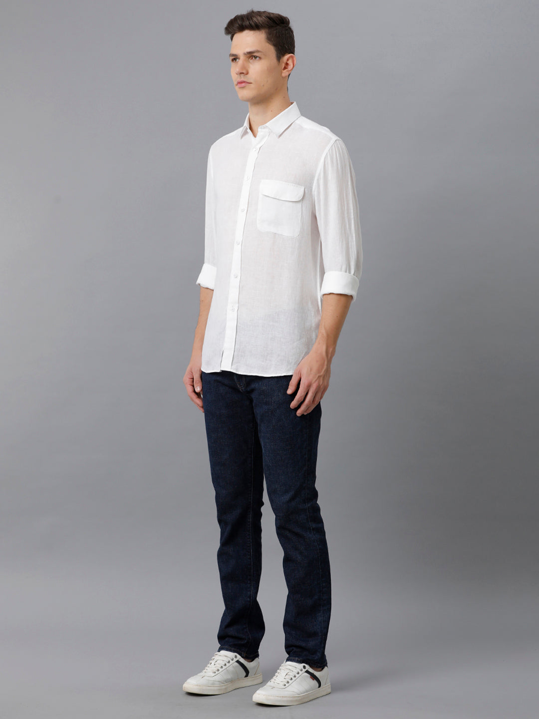 Mens Regular Fit Solid White Casual Linen Shirt (LINNO)