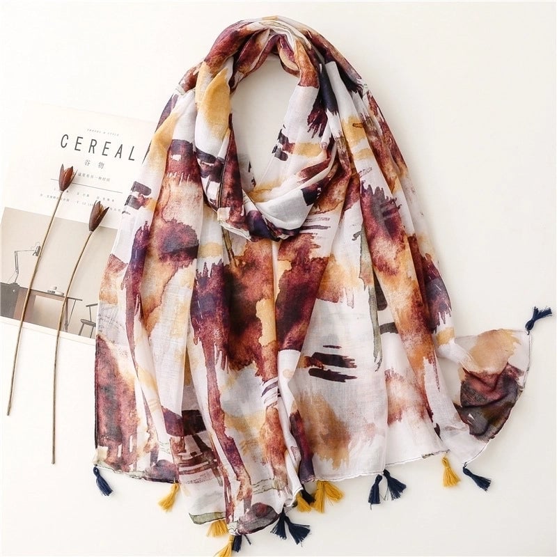 Yarn Cotton Fruit Green Bright Yellow Leaf Printing Tassel Scarf Shawl