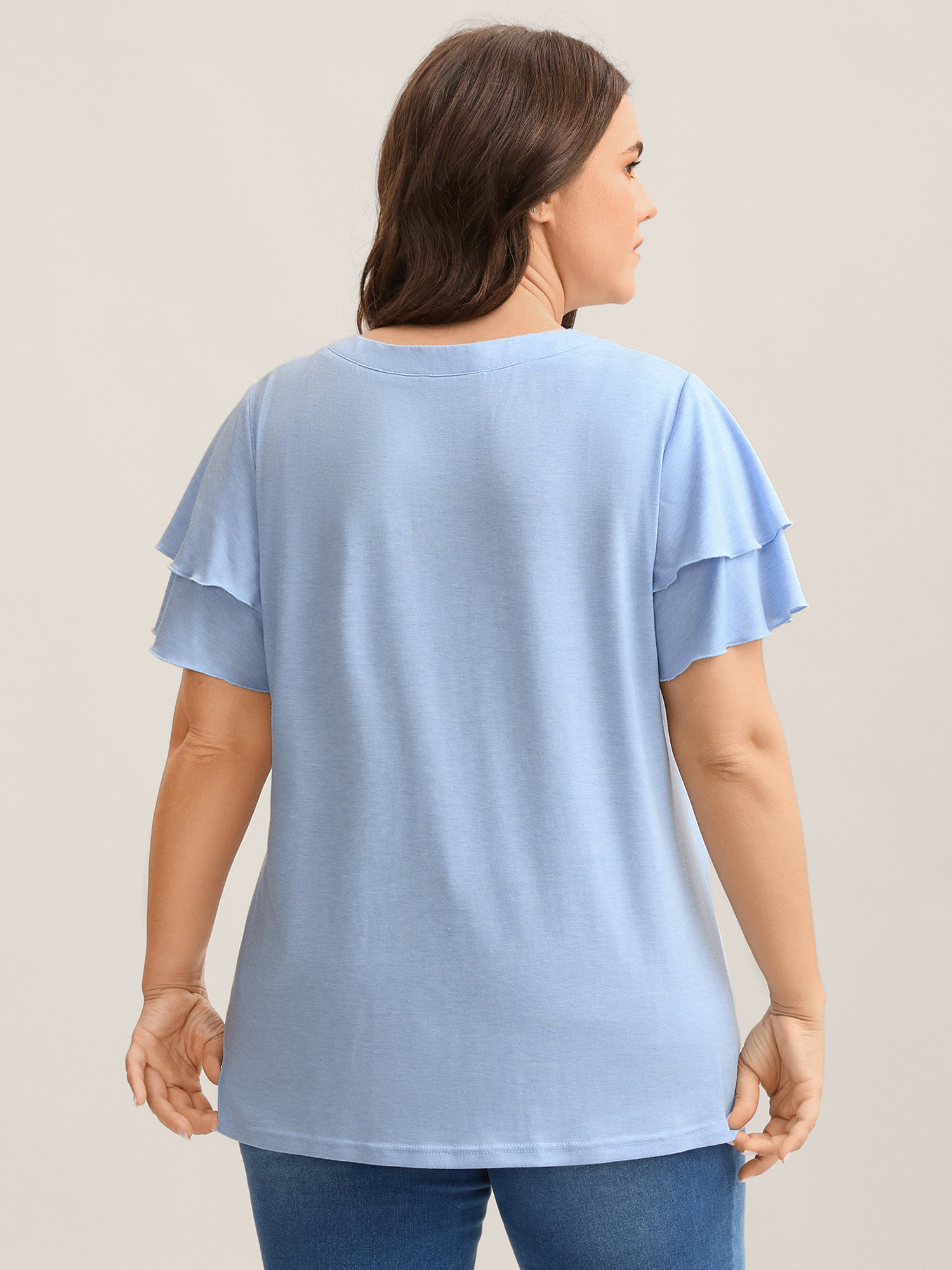 Layered Lotus Leaf Sleeve Plain T-Shirt