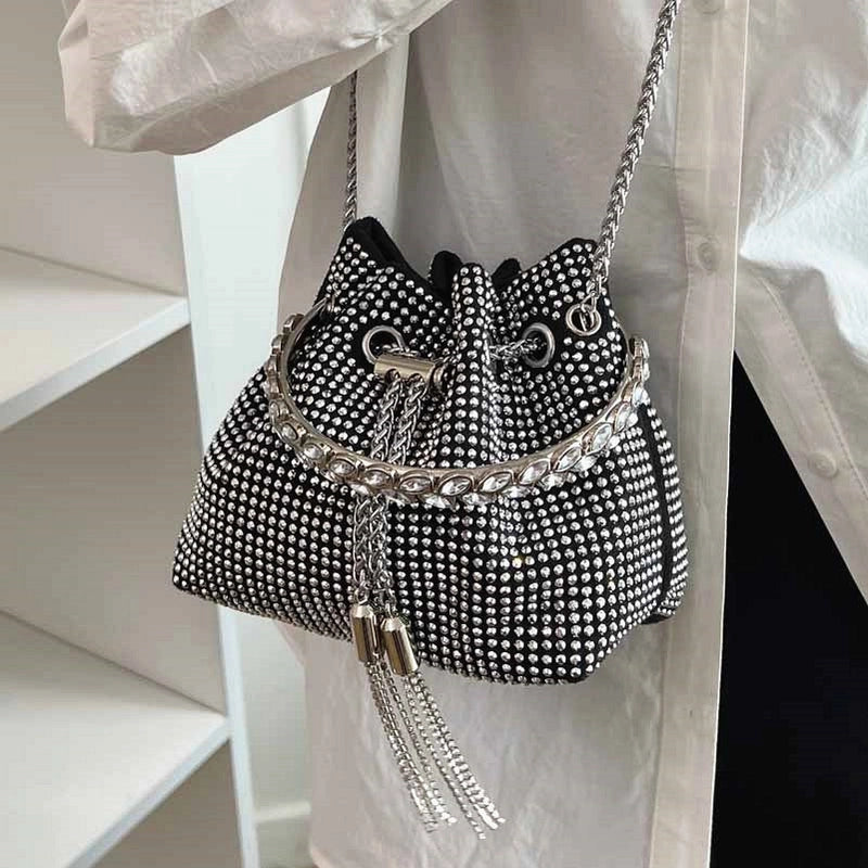 Women's Pu Leather Solid Color Fashion Rhinestone Tassel Bucket String Handbag Crossbody Bag