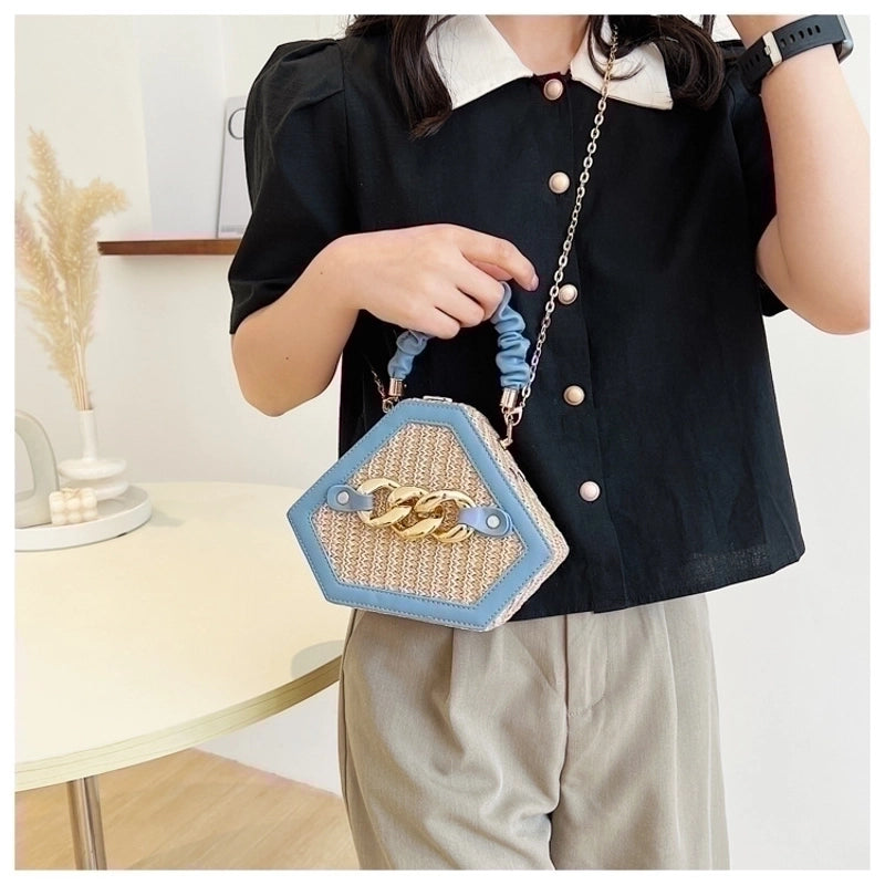 Women's Small Straw Geometric Classic Style Lock Clasp Straw Bag