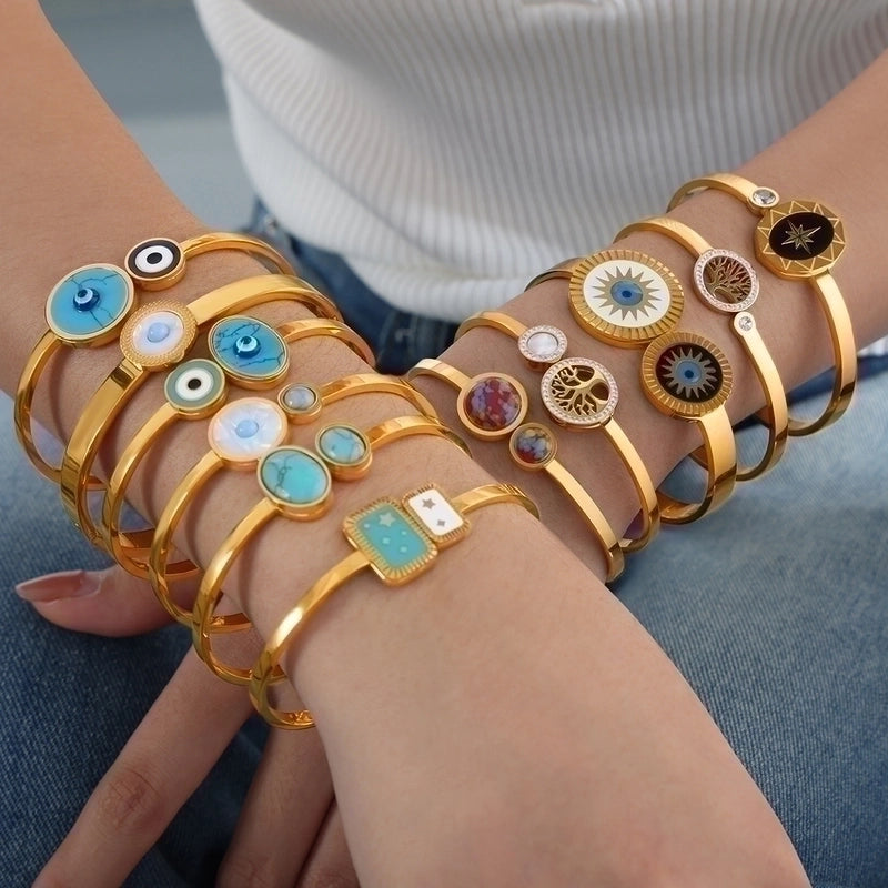 Devil'S Eye Titanium Steel 18K Gold Plated Turquoise Bangle In Bulk