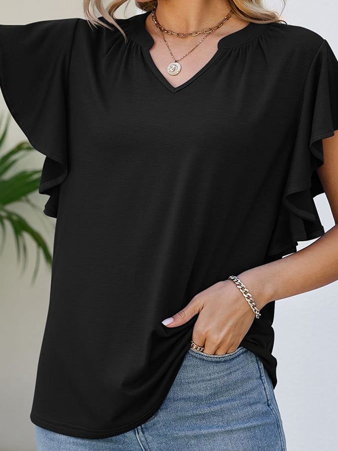 Solid V-neck Ruffled Short Sleeved Casual Top