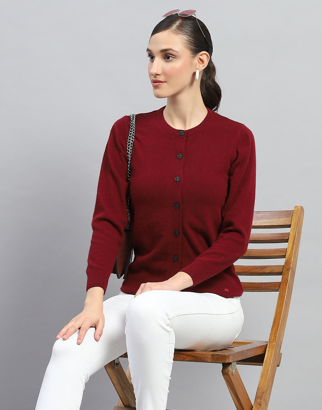 Women Maroon Solid Round Neck Full Sleeve Cardigan