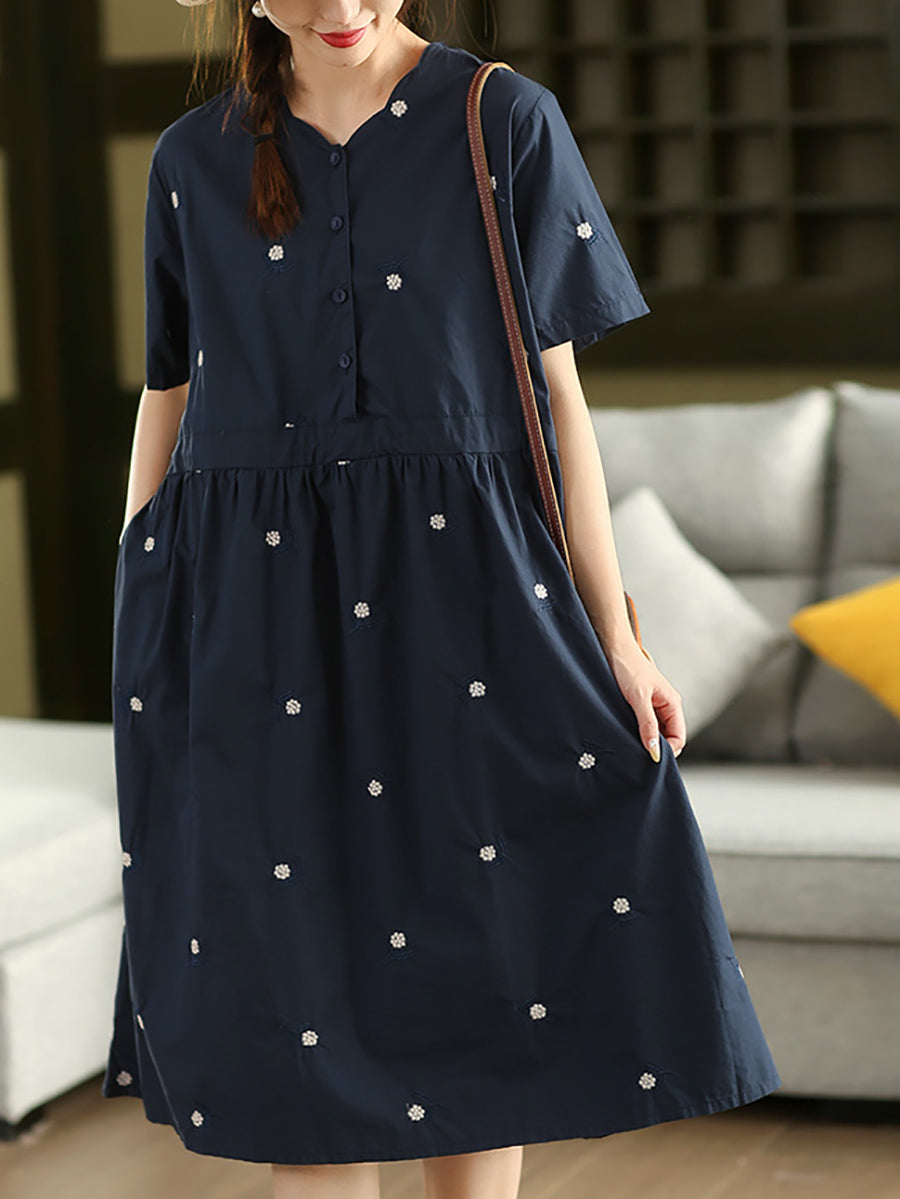 Women Summer Artsy Flower Embroidery V-Neck Cotton Dress
