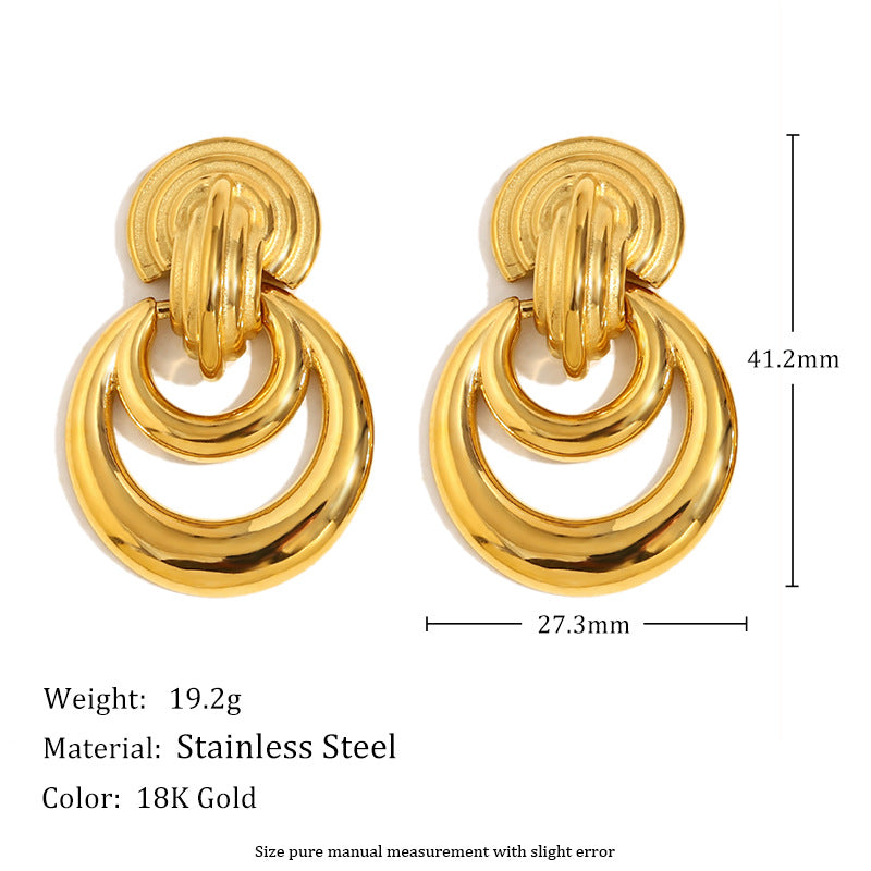 Exaggerated Stainless Steel 18K Gold Plated Flower Cherry Line Double Ring Stitching Earrings For Women